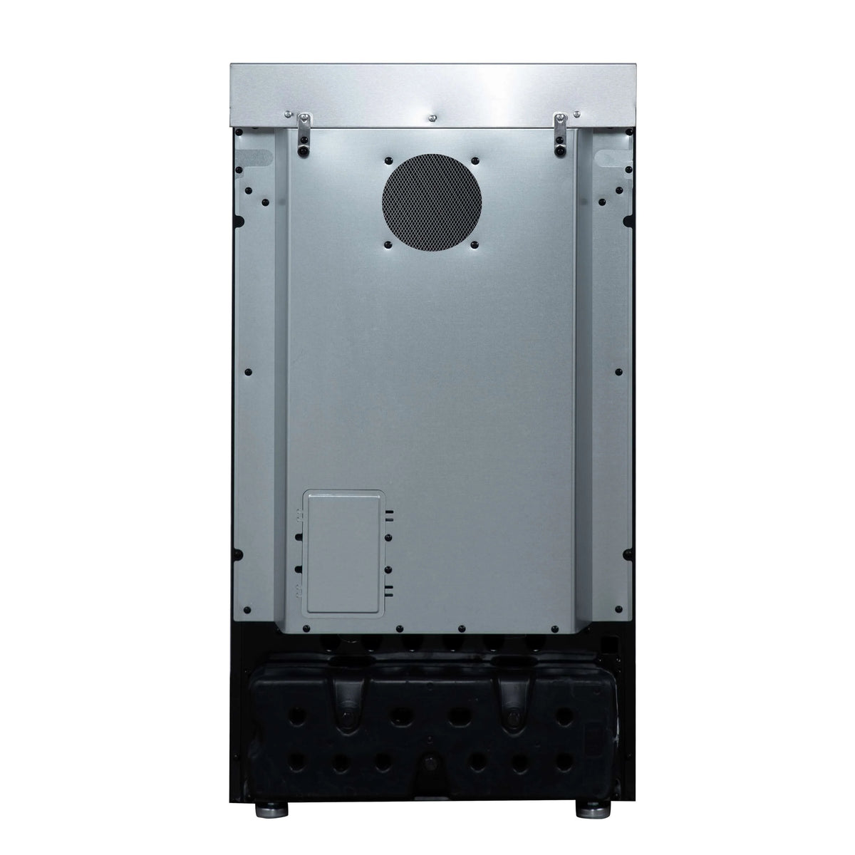 Rear view of black freestanding electric range with power access panel