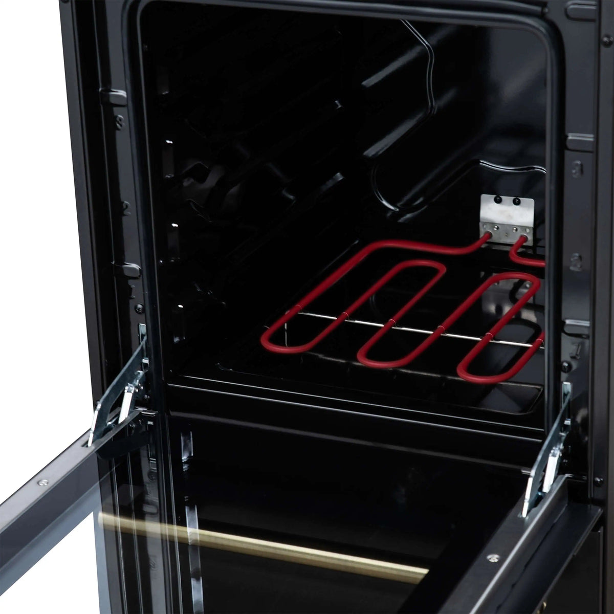 Black oven interior with red heating elements and wire rack