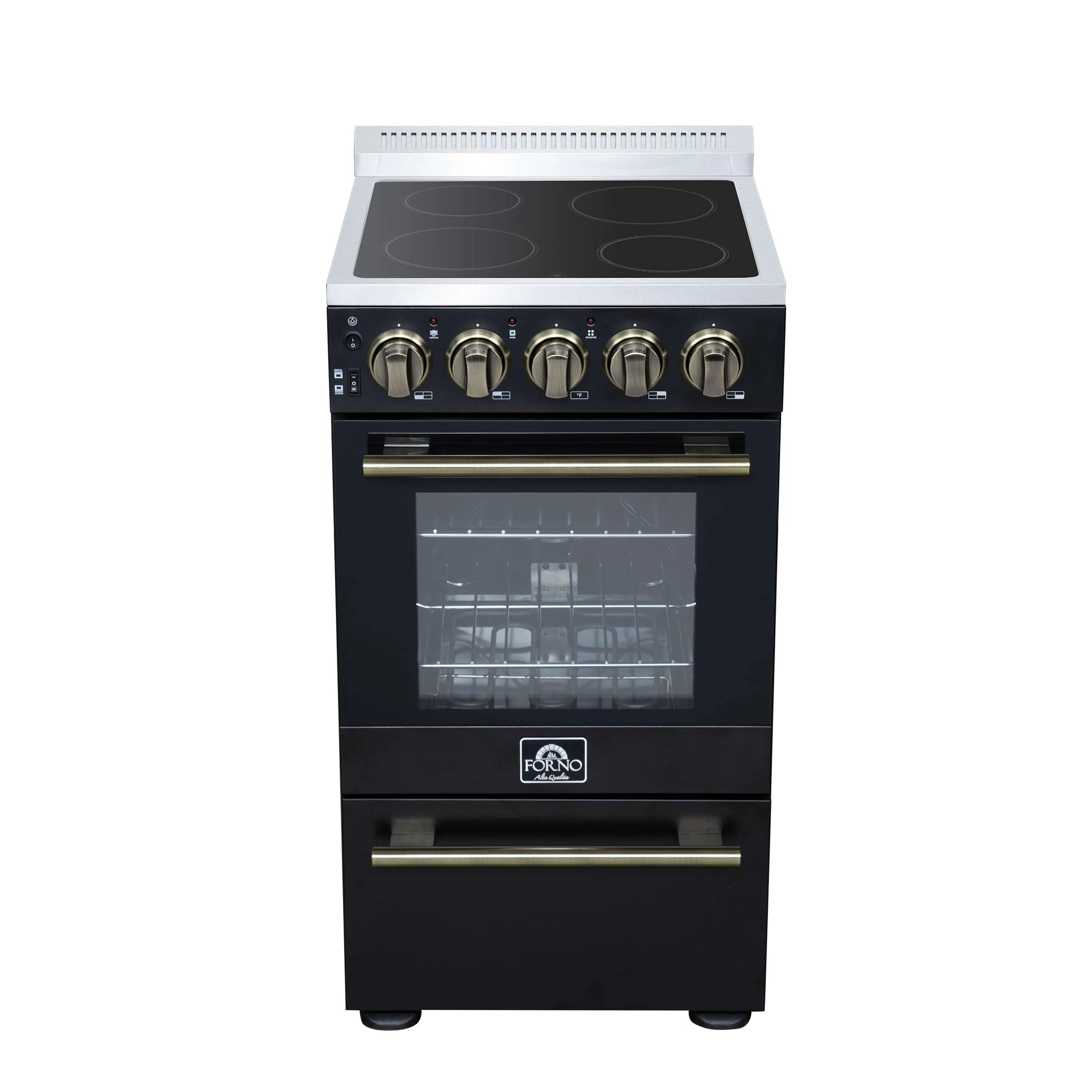 Black electric range with four coil cooktop burners, brass control knobs, oven door