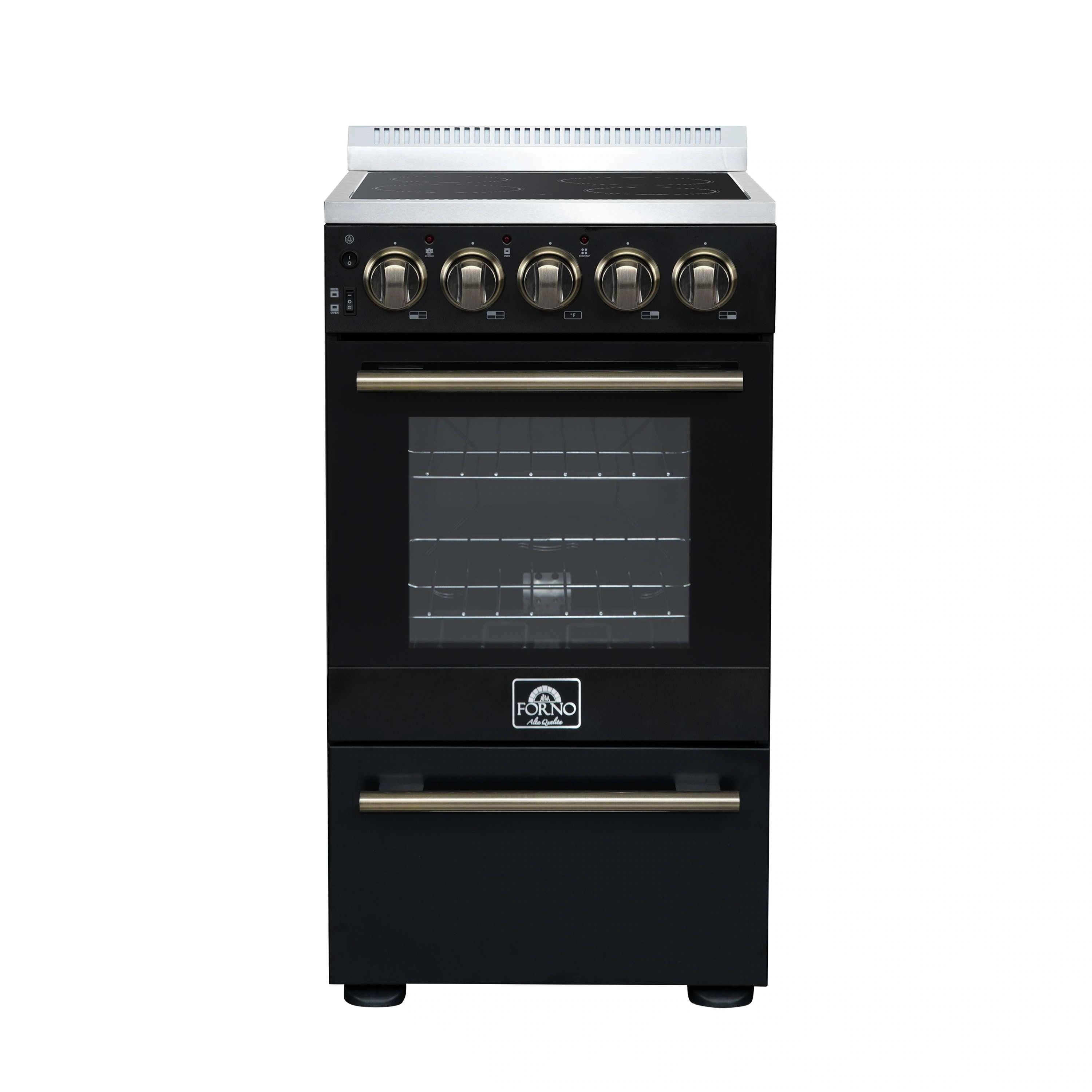 Black freestanding electric range with antique brass knobs and oven glass door
