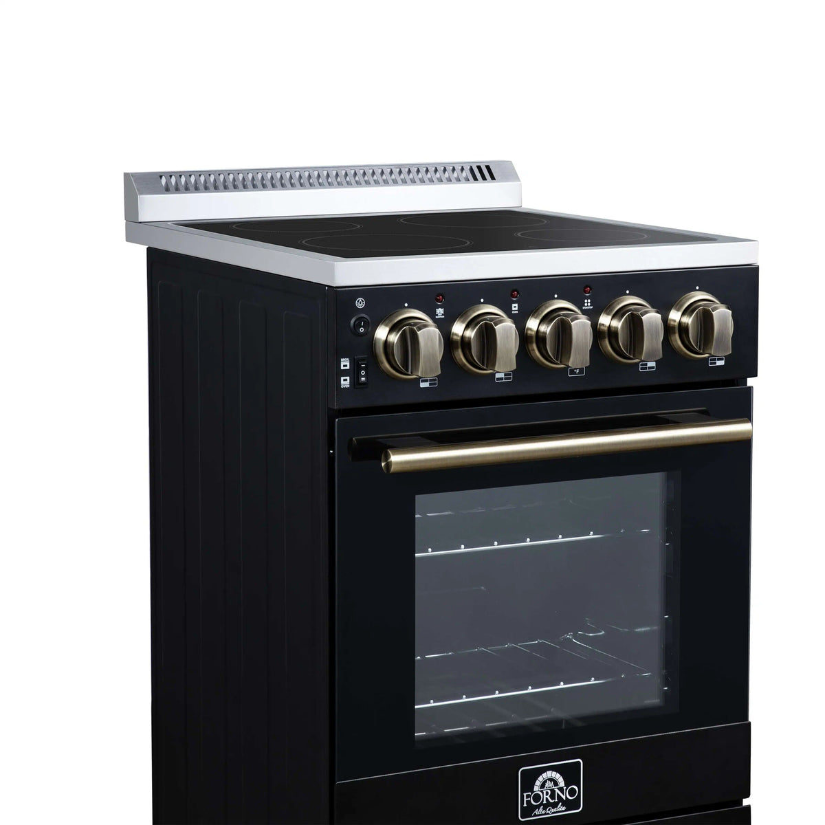Black electric range control panel with brass knobs and oven viewing window