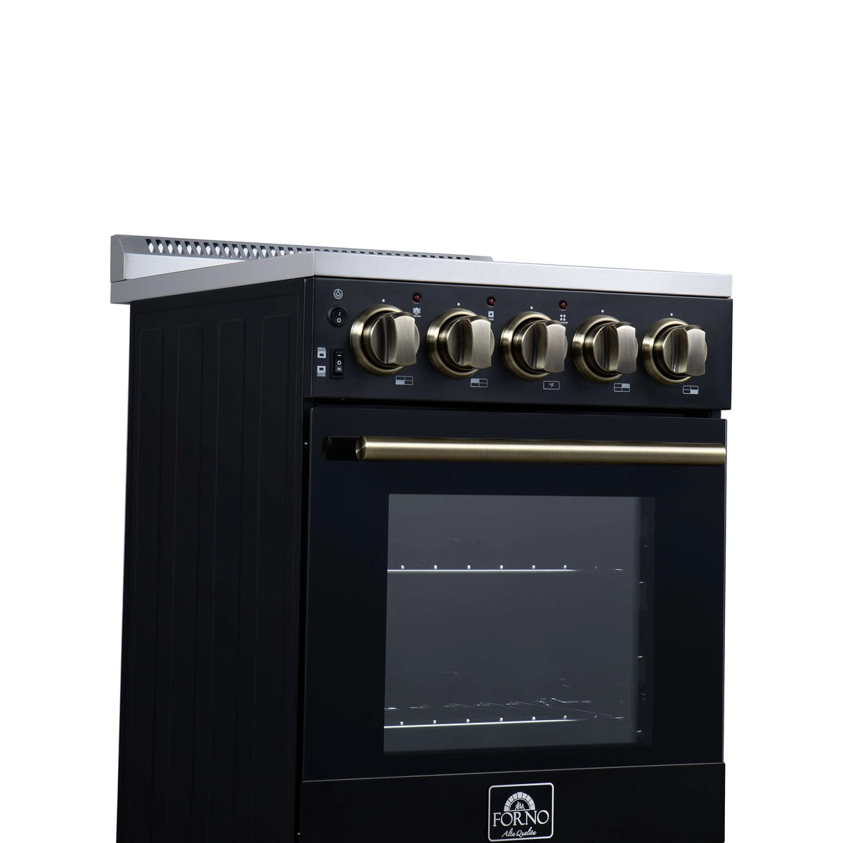 Black electric range with brass control knobs, oven door window, top-front view