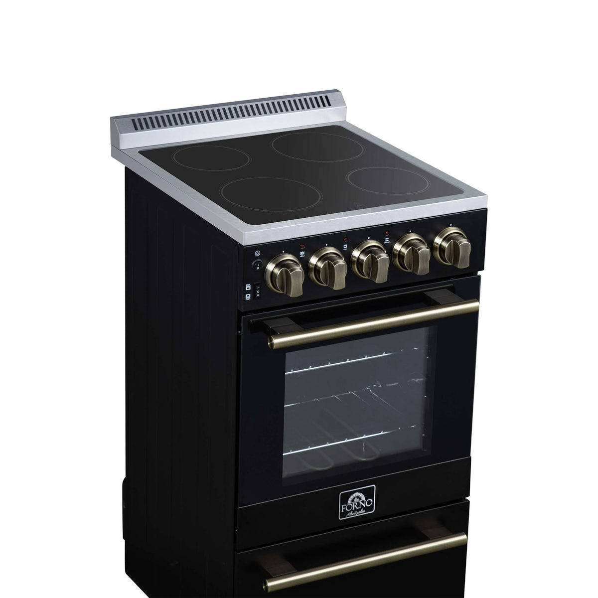 Black electric range with four coil cooktop burners and brass knobs, glass oven door