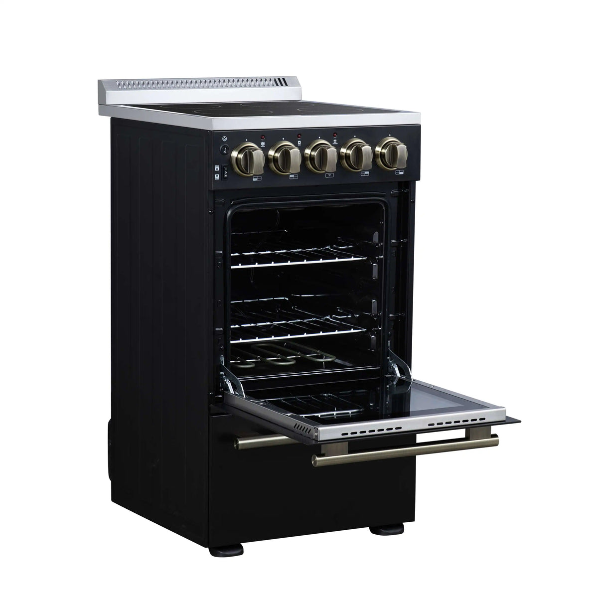 Black electric range oven door open with interior racks and extended broiler drawer