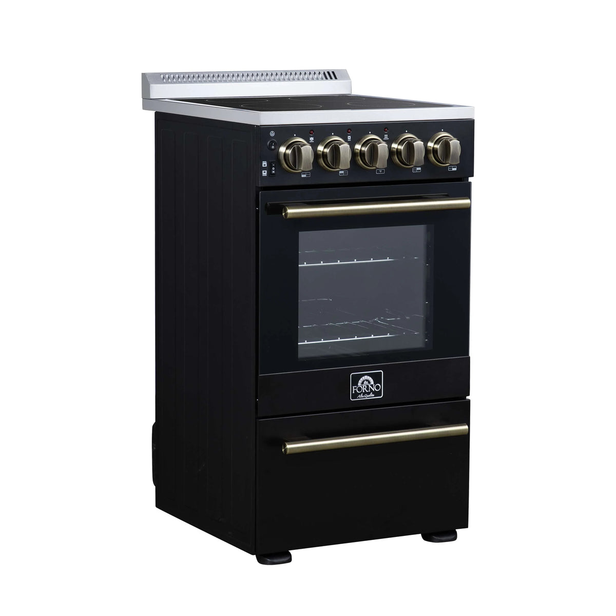 Black electric range with antique brass trim, double oven handles, glass door