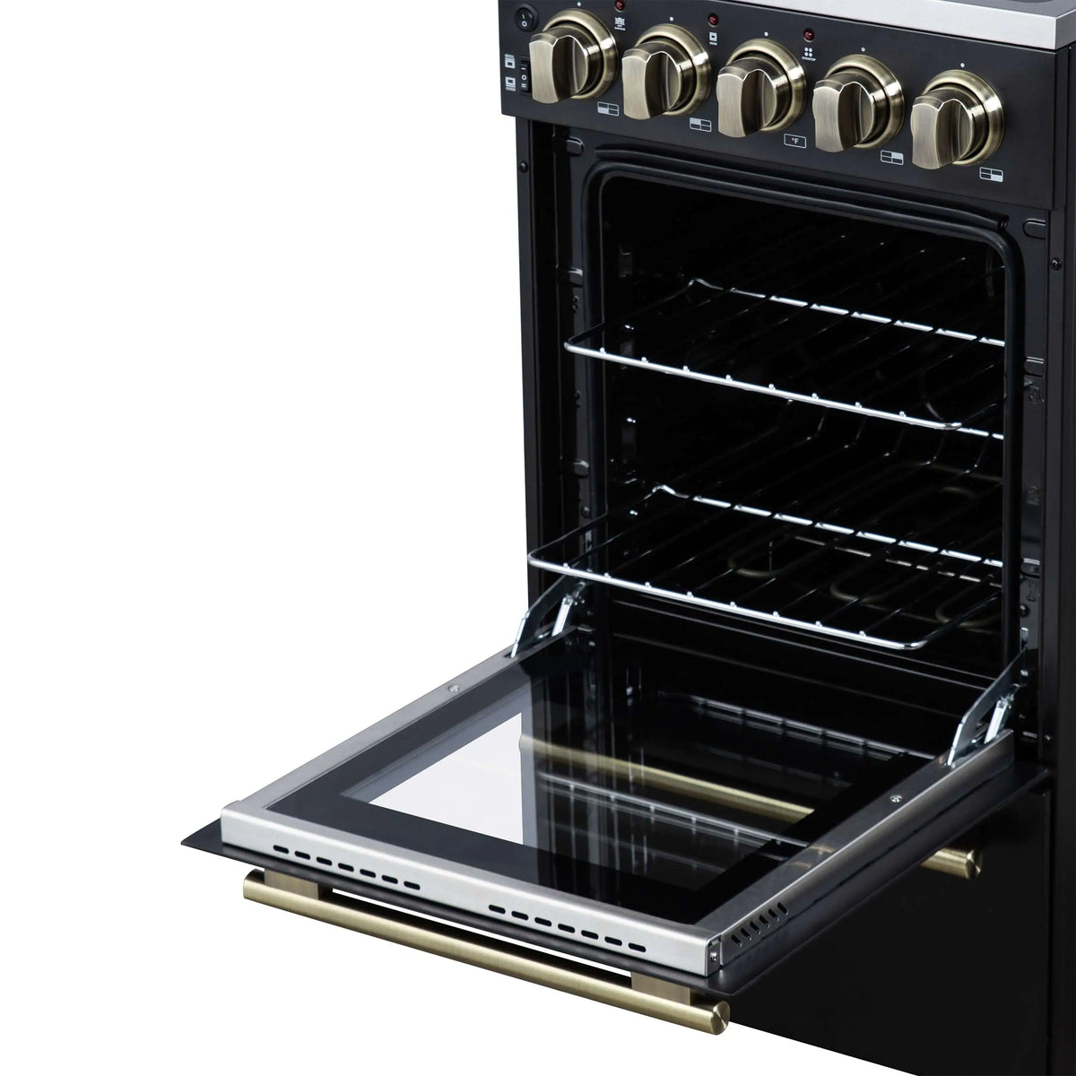 Black electric range with open oven door and racks, broiler drawer pulled out