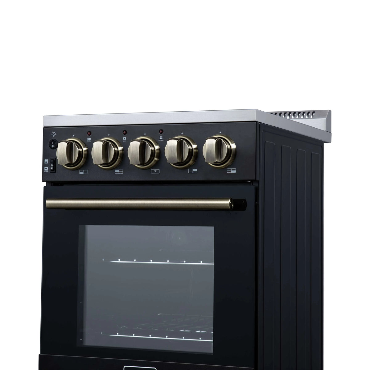Black freestanding electric range control panel with brass knobs and oven window