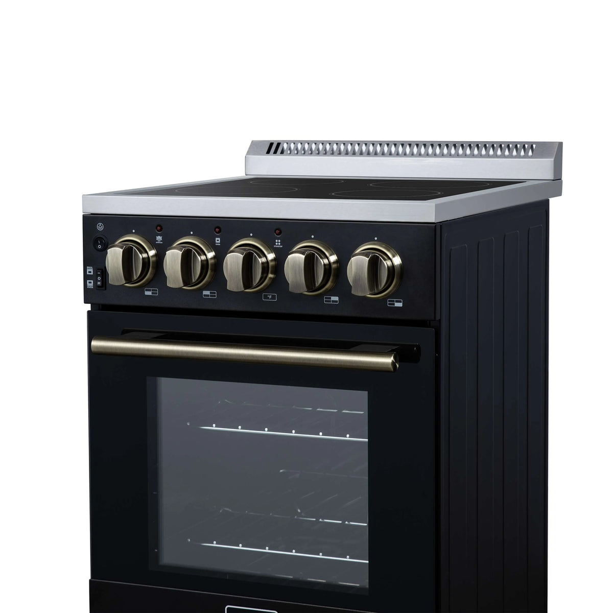 Black freestanding electric range with brass knobs and front oven door