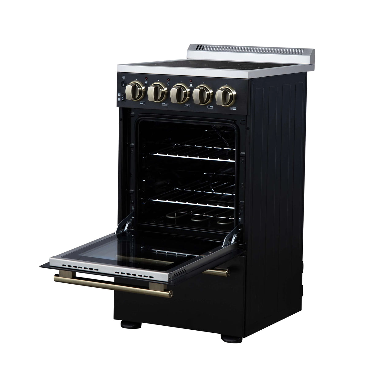 Black freestanding electric range with open oven and visible racks