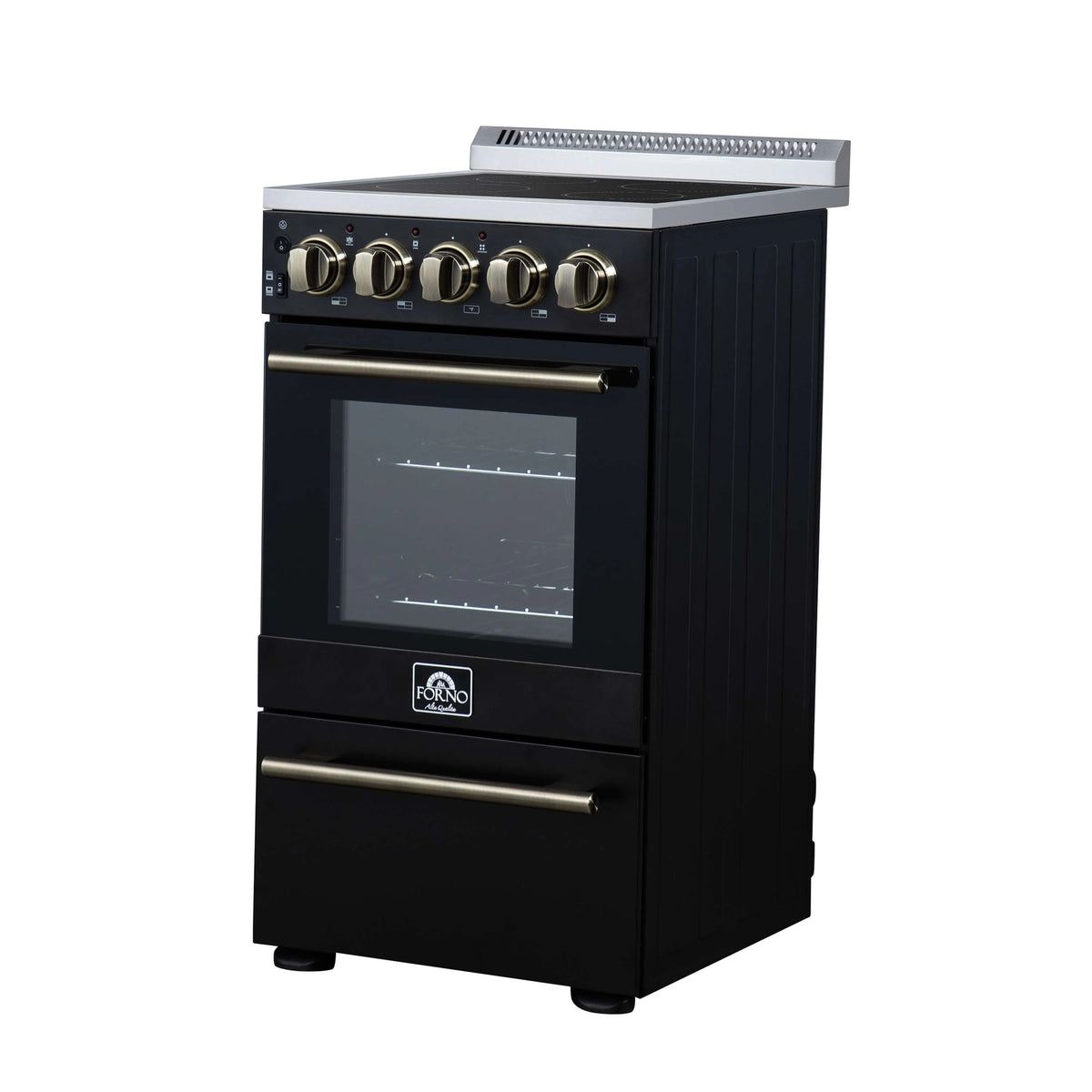 Black freestanding electric range with brass knob accents and glass oven door