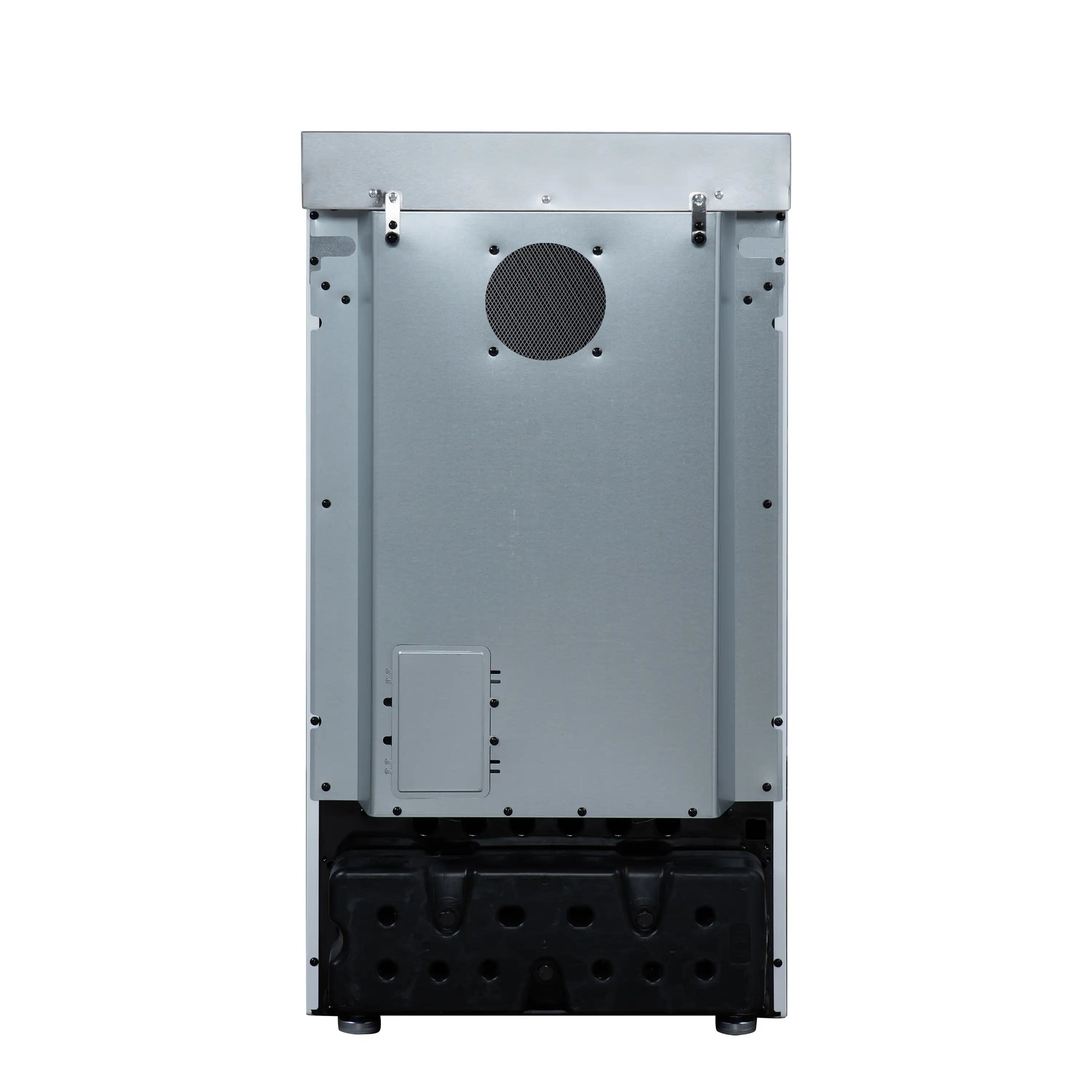White freestanding electric range back panel with circular fan grille and vent cutouts