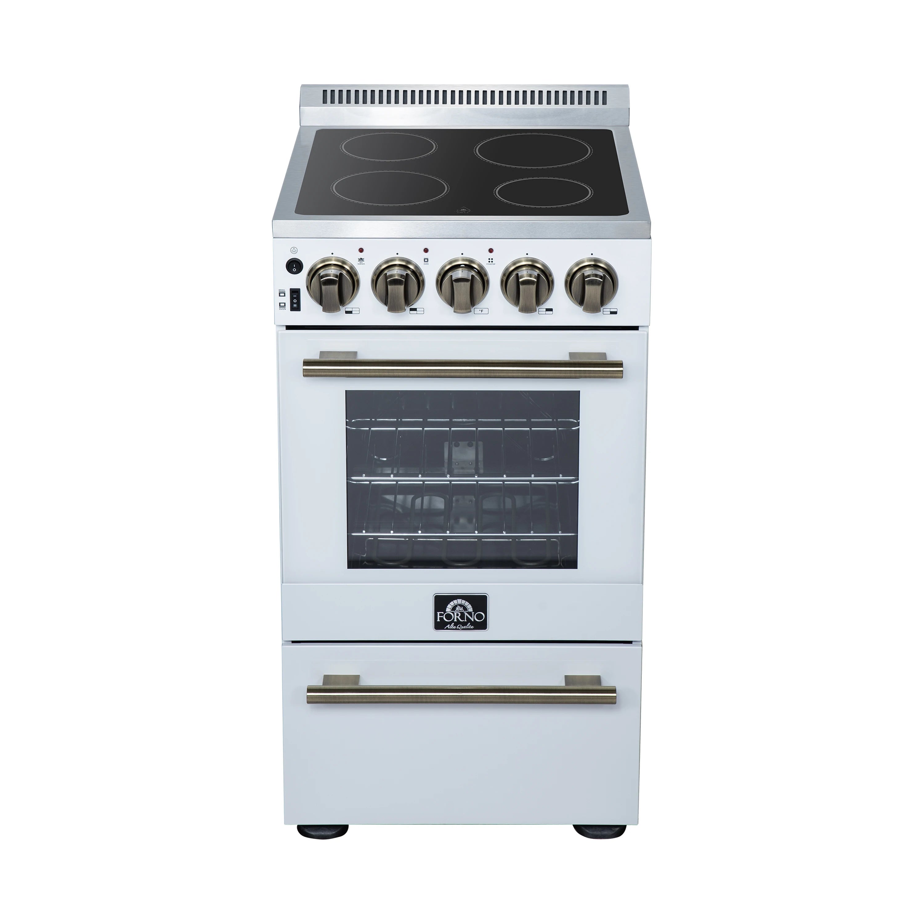 White freestanding electric range with black glass cooktop, gold knobs, and oven door