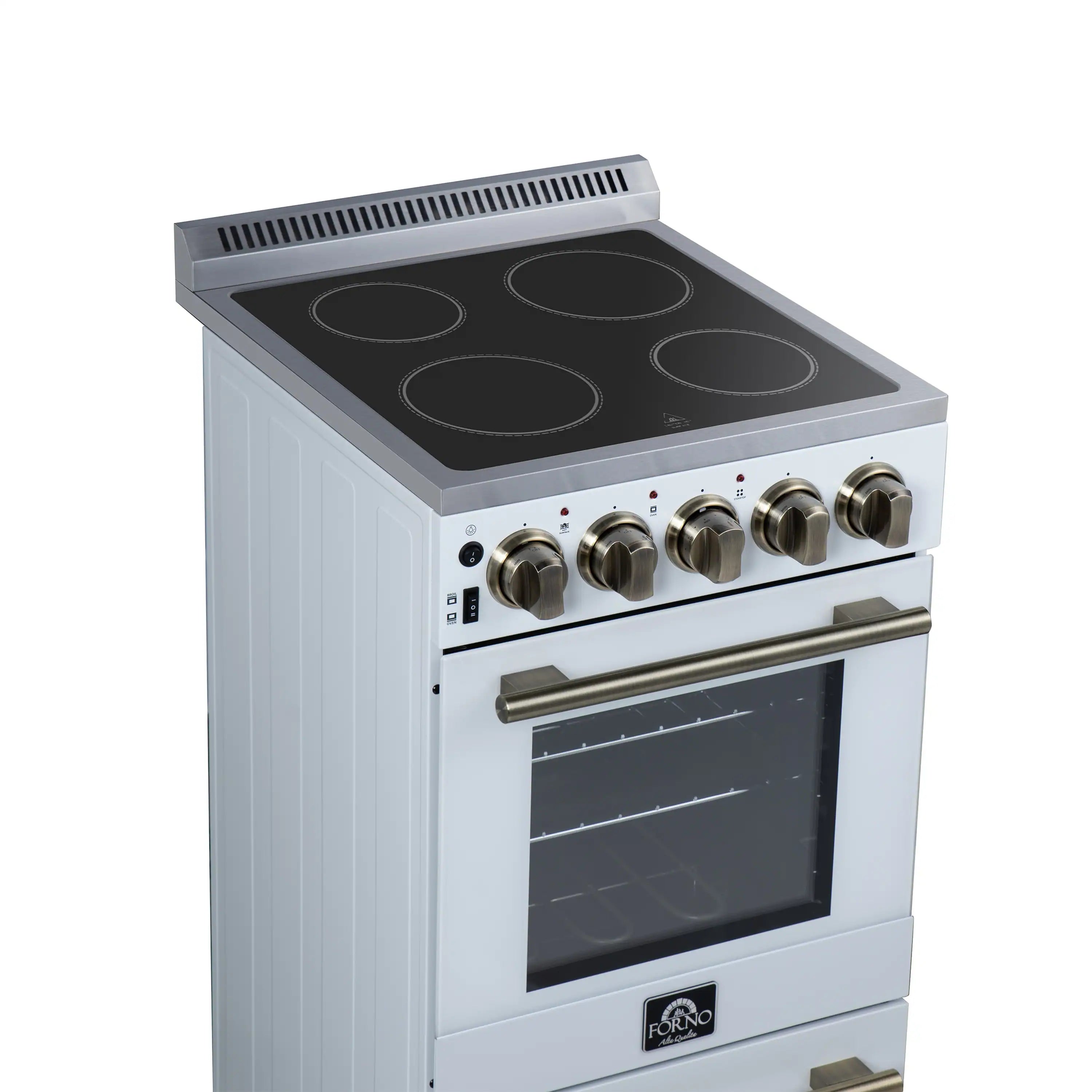 White freestanding electric range with black cooktop and control knobs, open front oven window