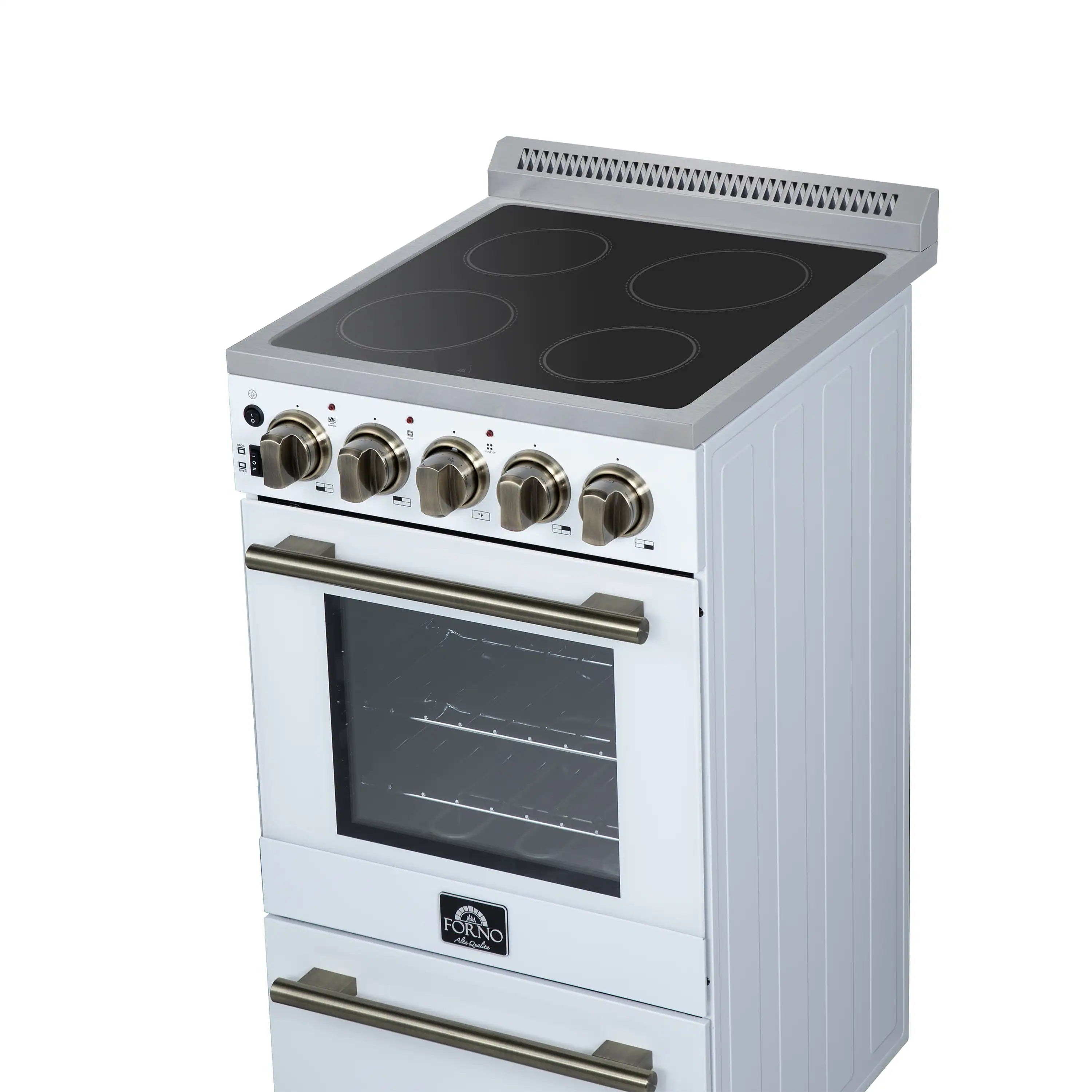 White freestanding electric range with black glass cooktop, gold knobs, and windowed oven door