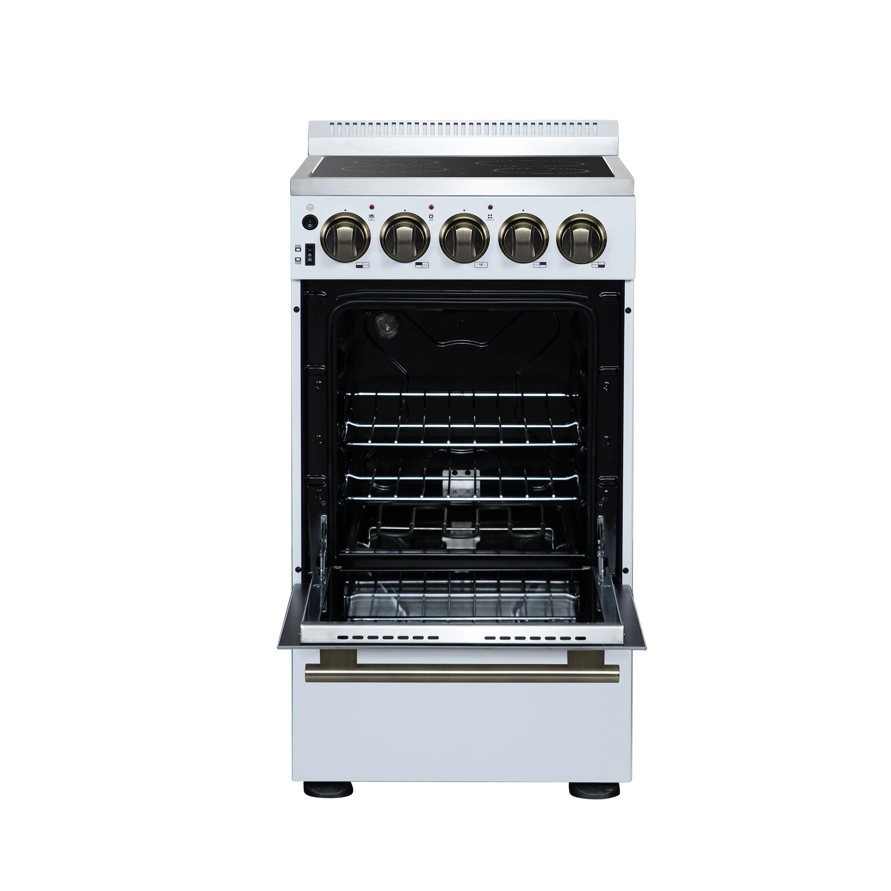 White freestanding electric range with oven door open, black interior, and gold trim handles