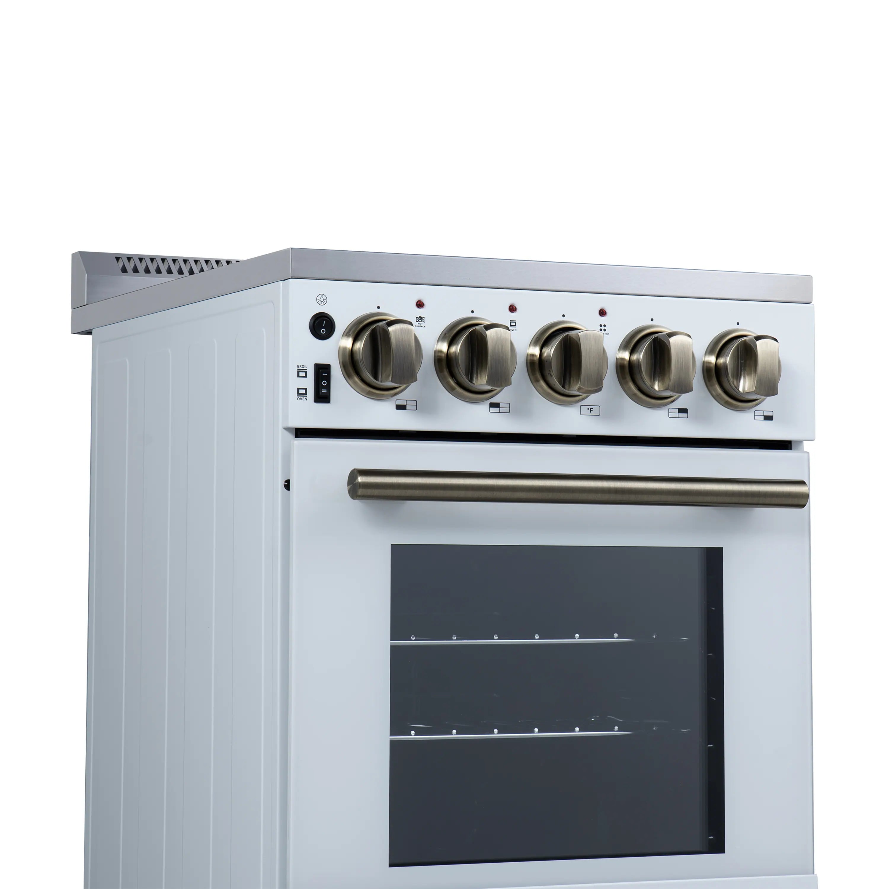 White freestanding electric range control panel with gold knobs and oven window view