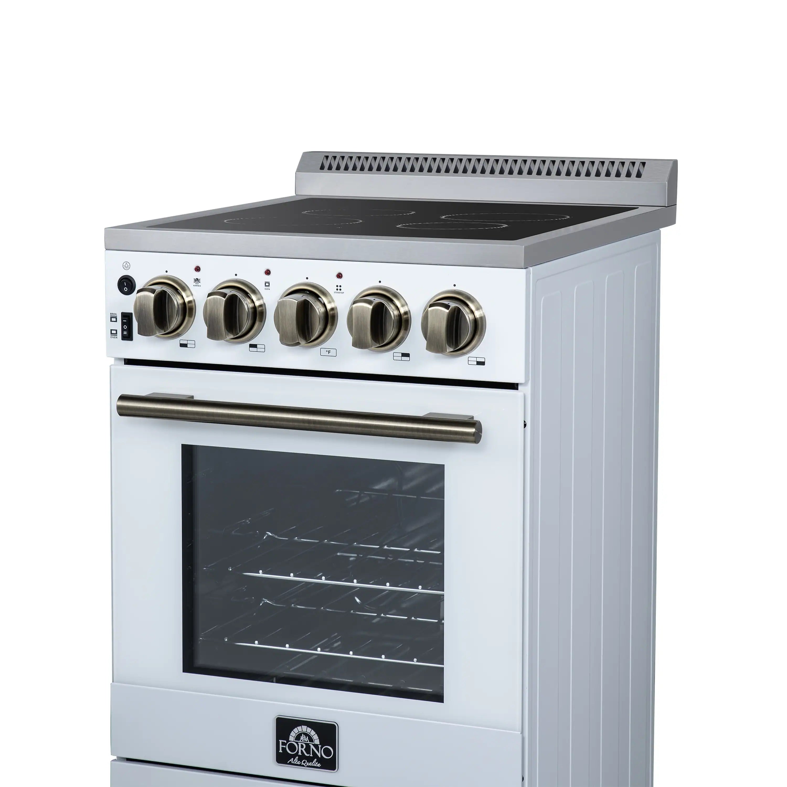 White freestanding electric range with cooktop area, five knobs, and dark glass oven door