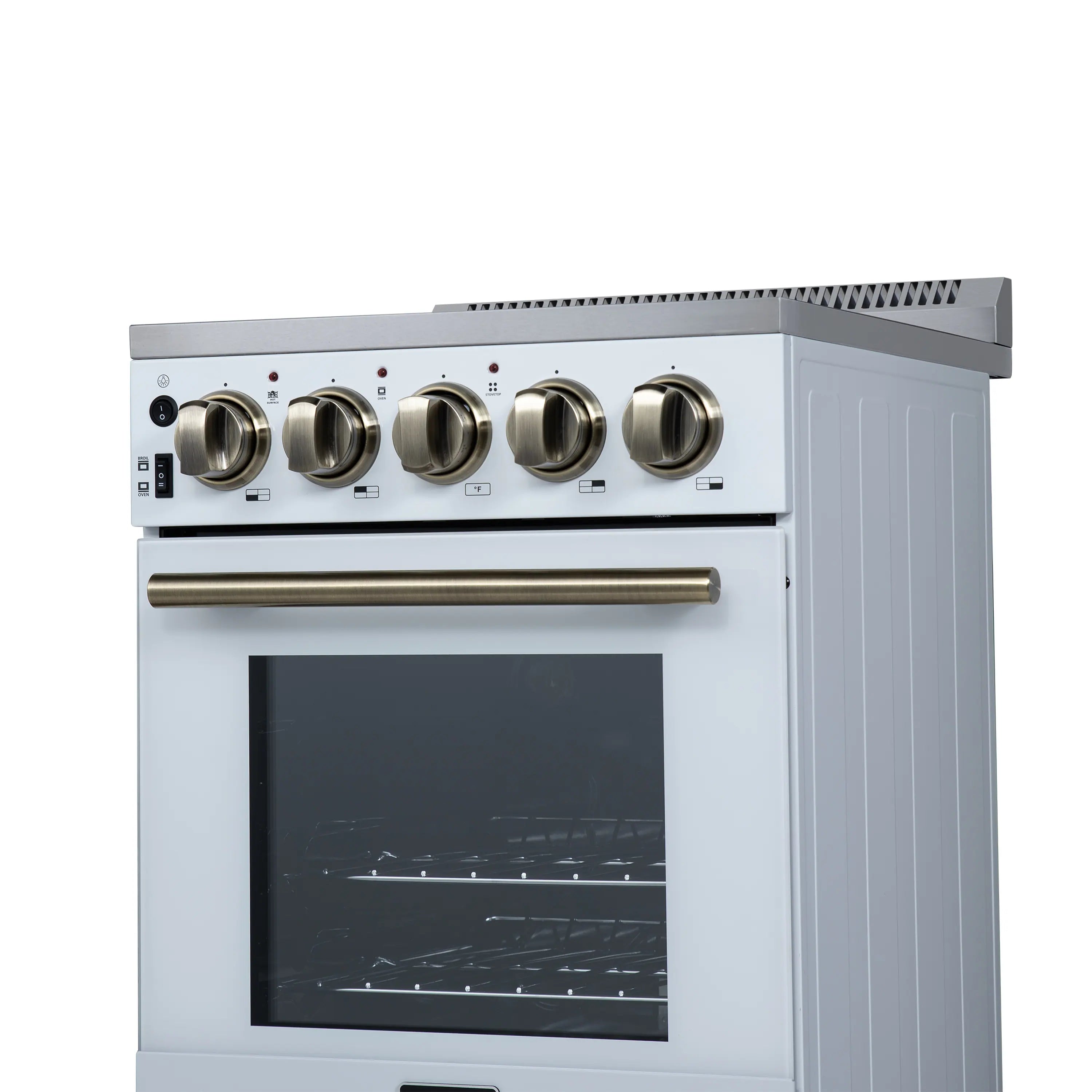 White freestanding electric range with five brass-toned knobs and dark glass oven door