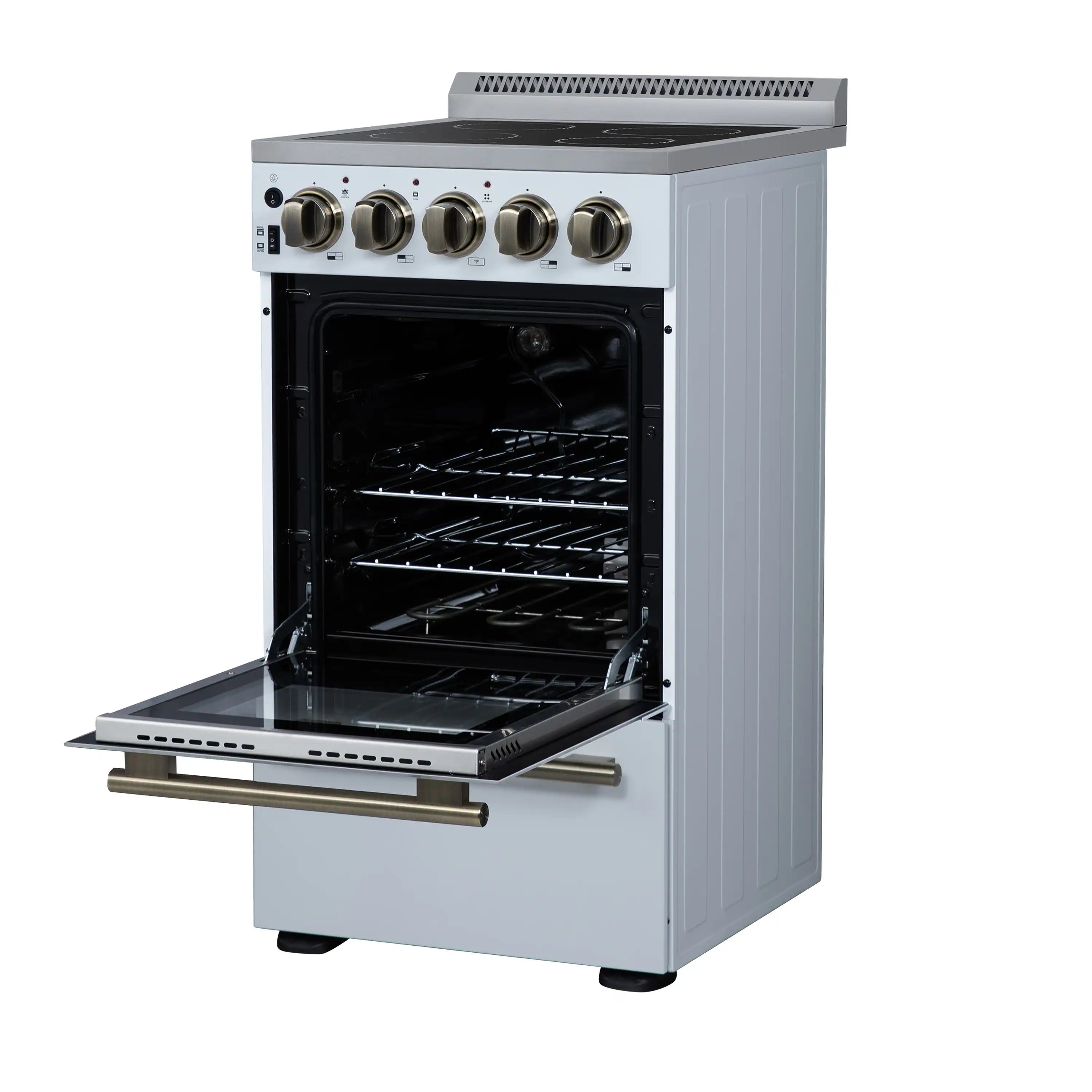 White freestanding electric range with oven door open and wire racks visible
