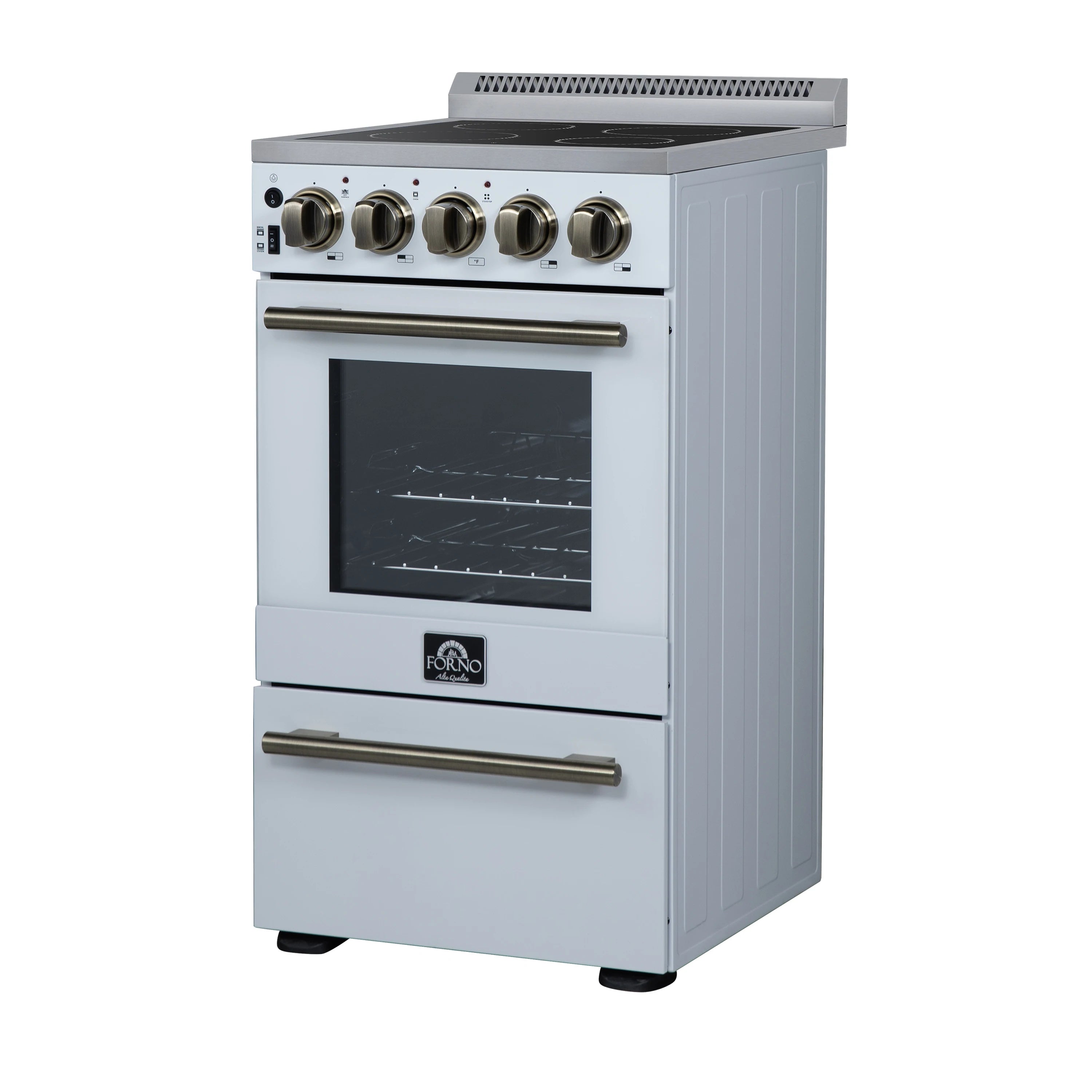White freestanding electric range with five control knobs and dark glass oven door
