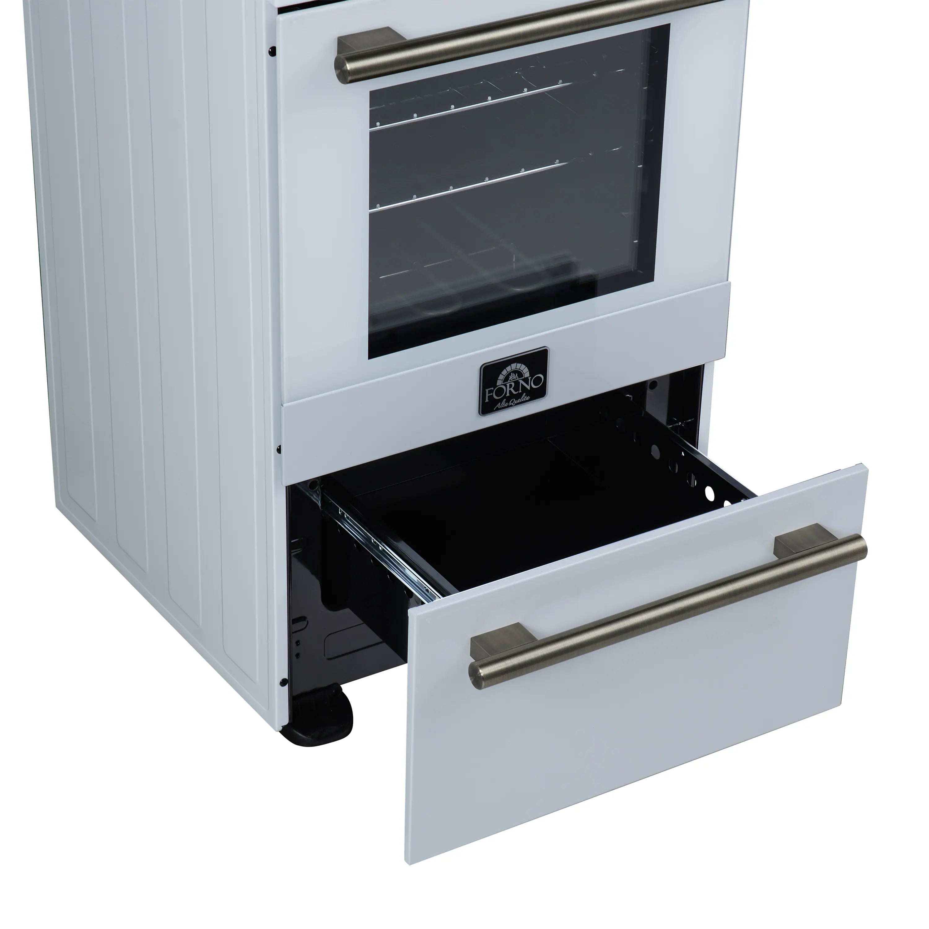 White freestanding electric range with oven door open and pull-out storage drawer