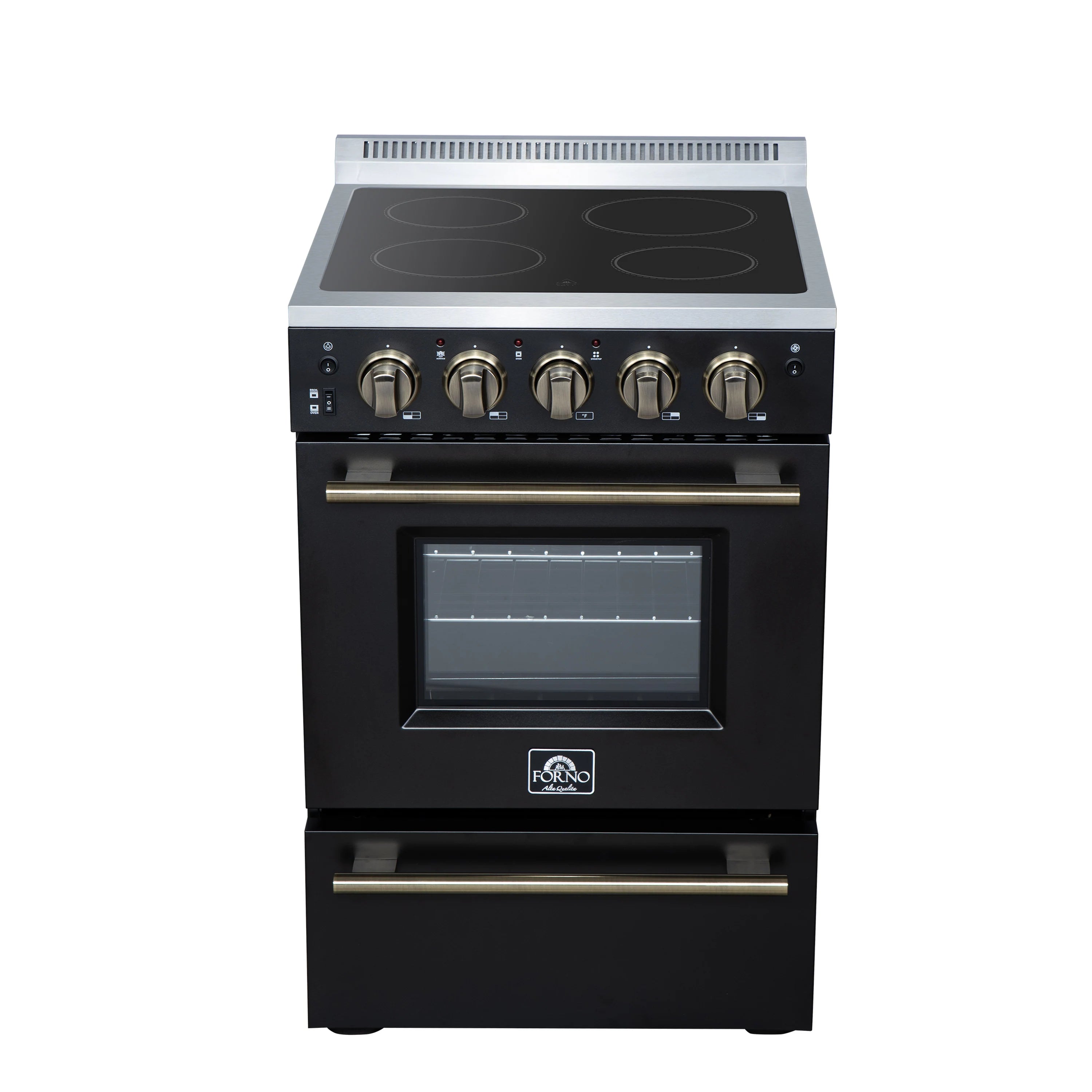 24-inch freestanding electric range, black with antique brass trim and smooth cooktop