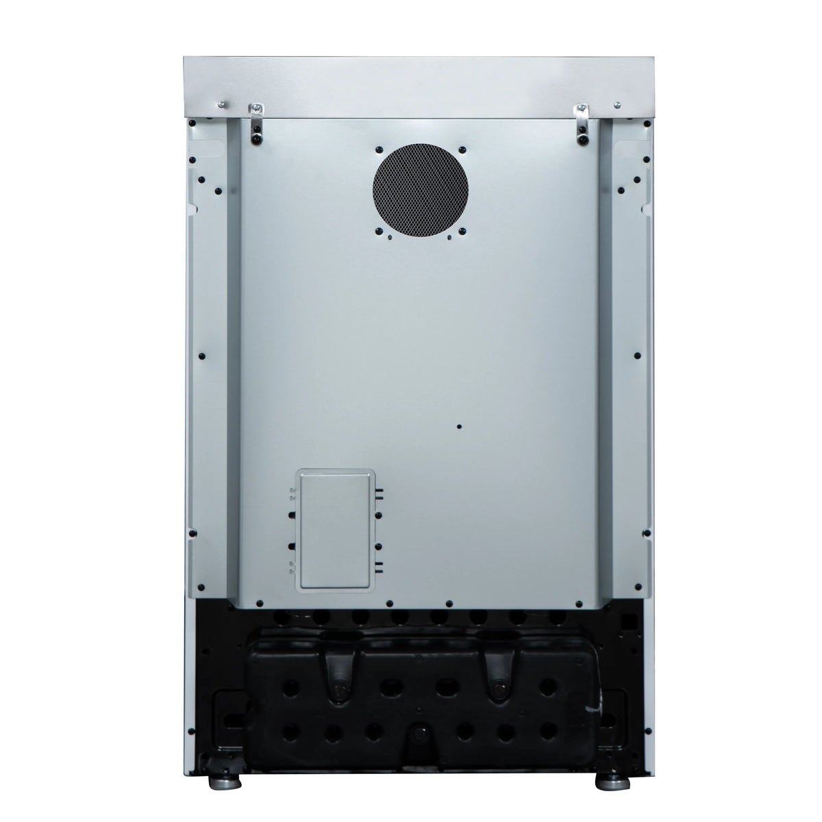 Underside of freestanding electric range with rear vent and mounting brackets
