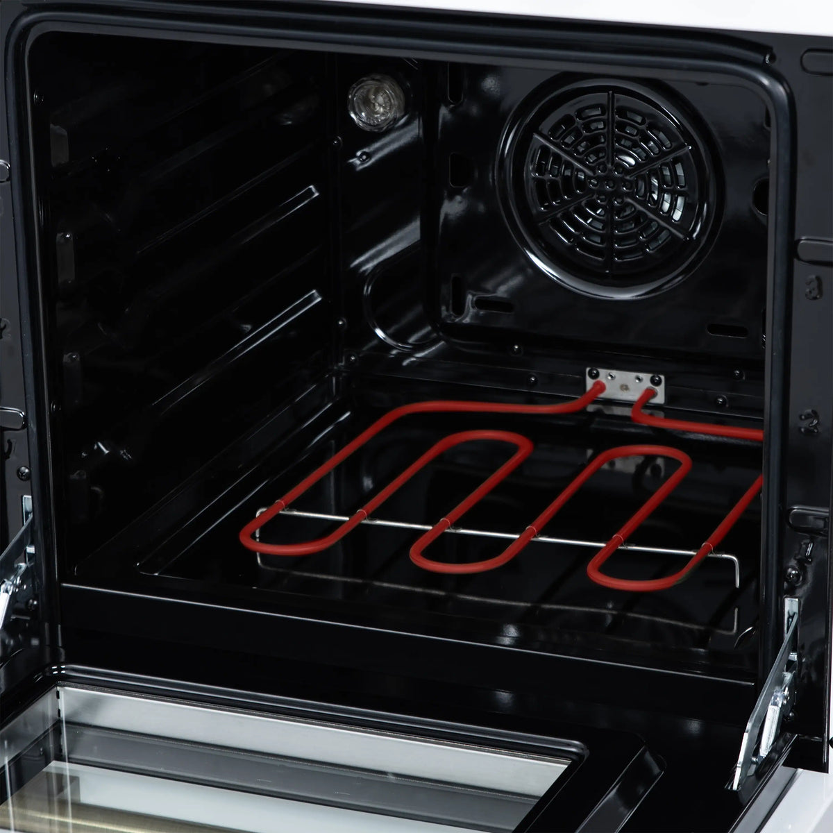 24-inch freestanding electric range oven interior with coil heating element and red racks