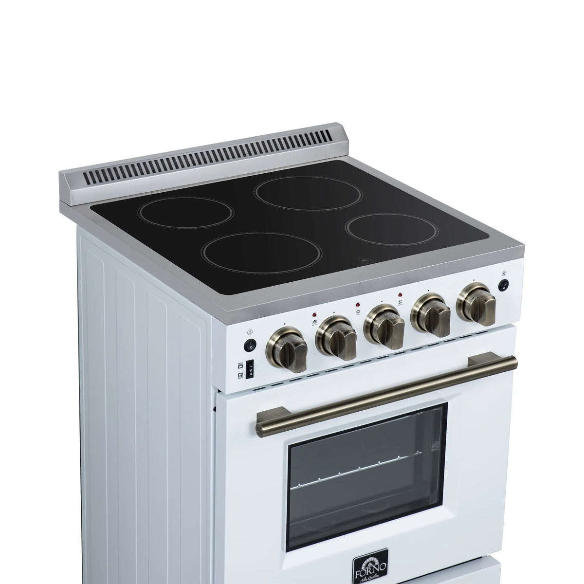 White freestanding electric range with black cooktop and brass-toned control knobs