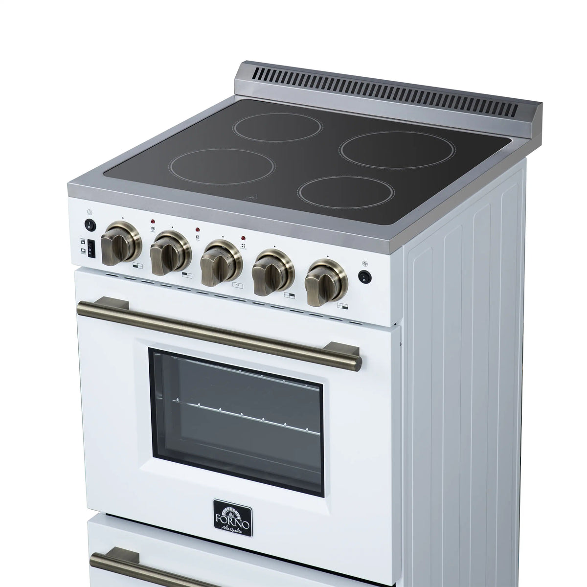 White electric range with black cooktop, brass-toned knobs, and glass oven door