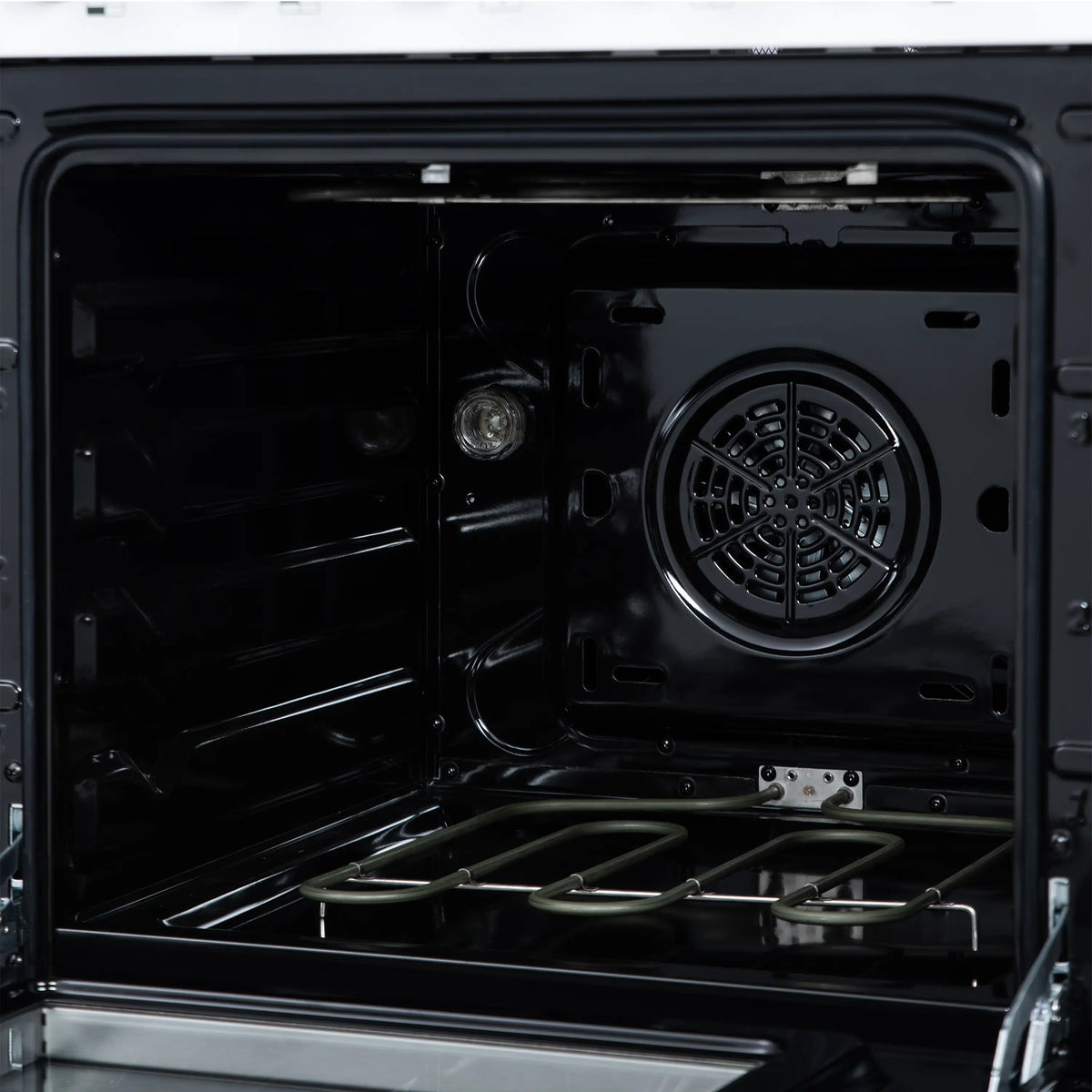 Freestanding electric range with open oven showing dark cavity and circular fan