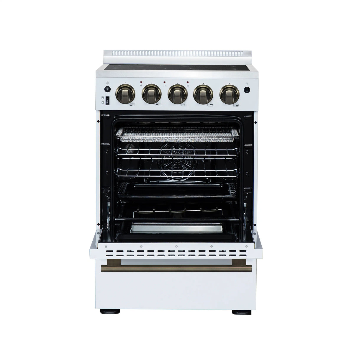White electric range with open oven and racks, dark interior, and brass handle