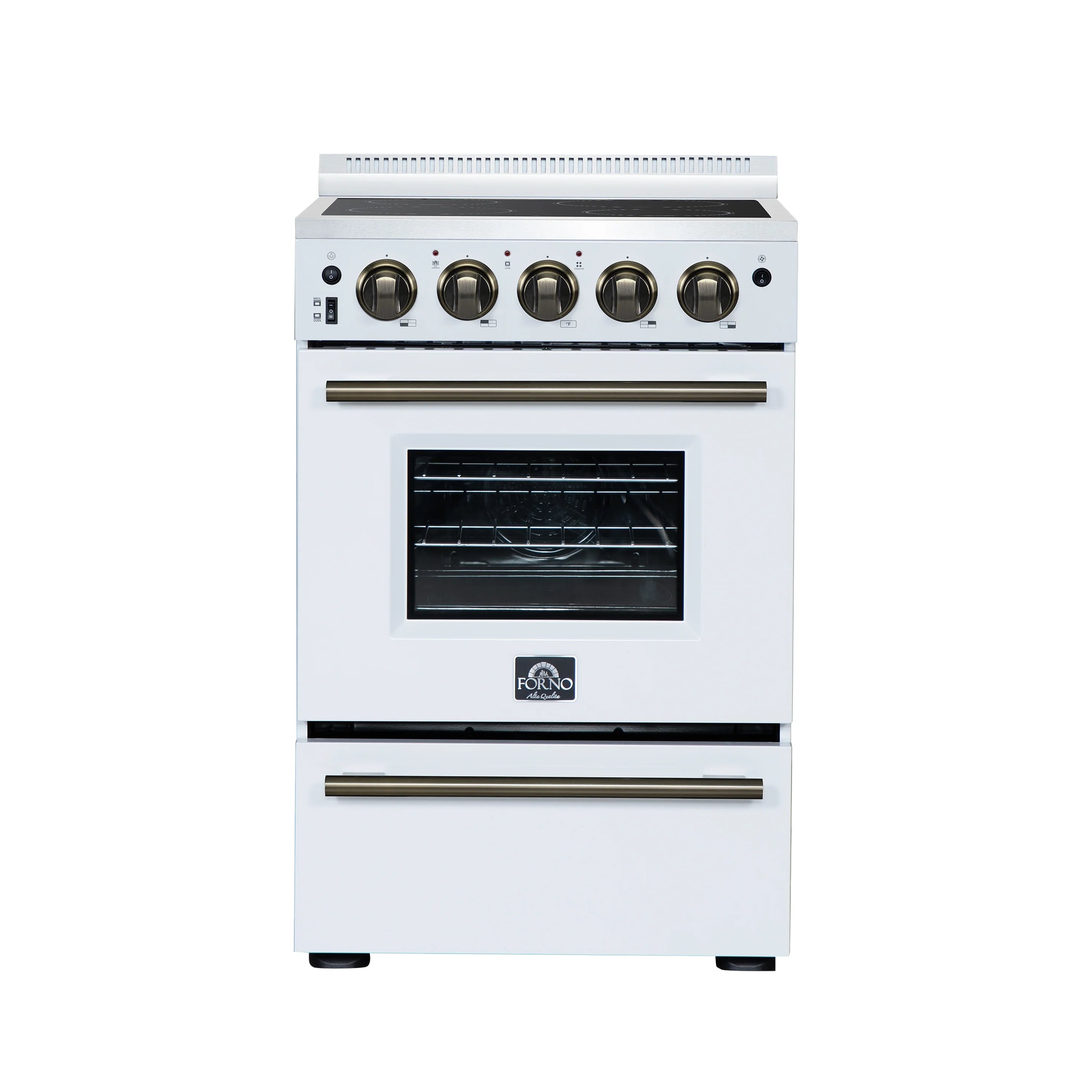 White electric range front view with black cooktop, brass-toned knobs, and oven