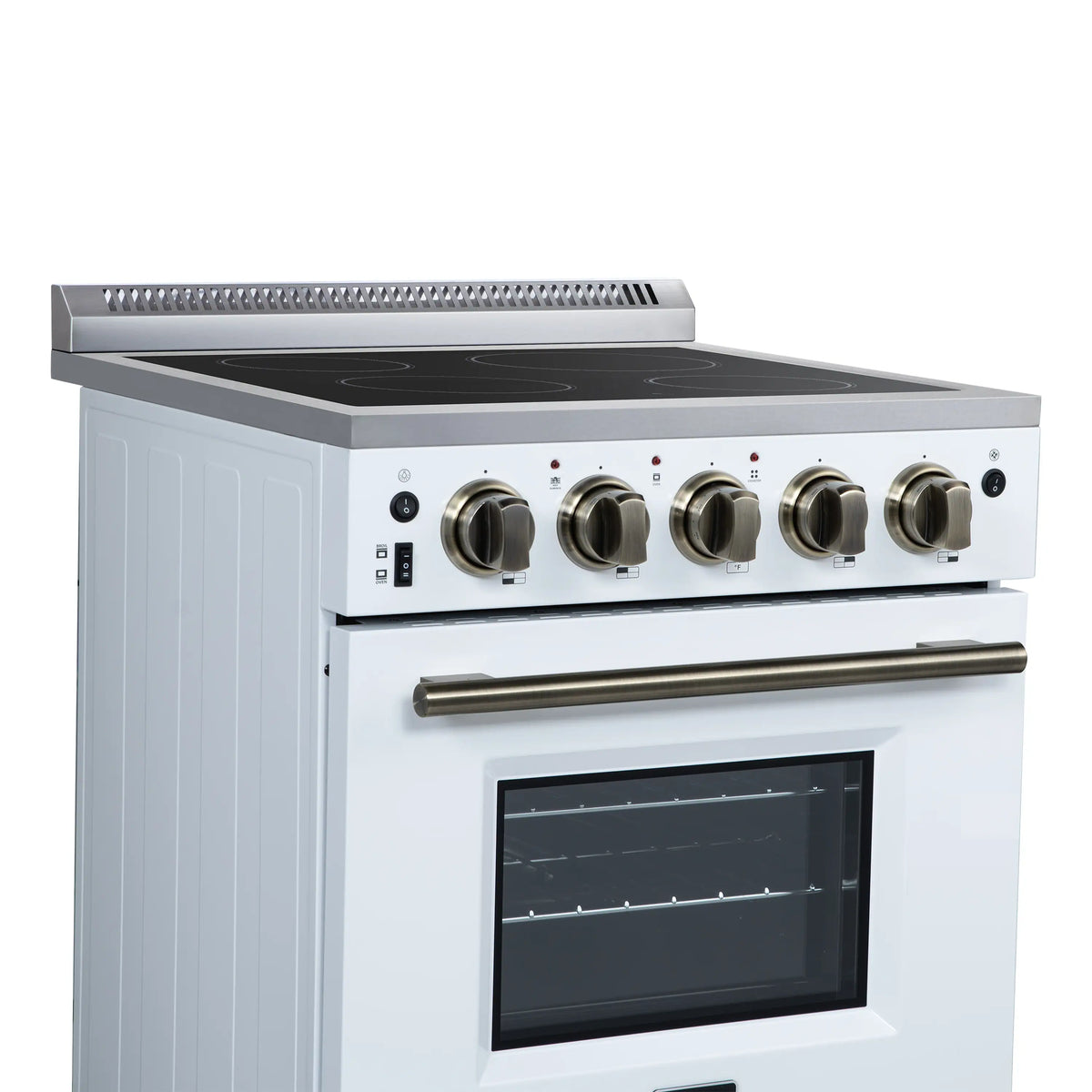 White electric range with black glass cooktop, five brass-toned knobs, and oven door