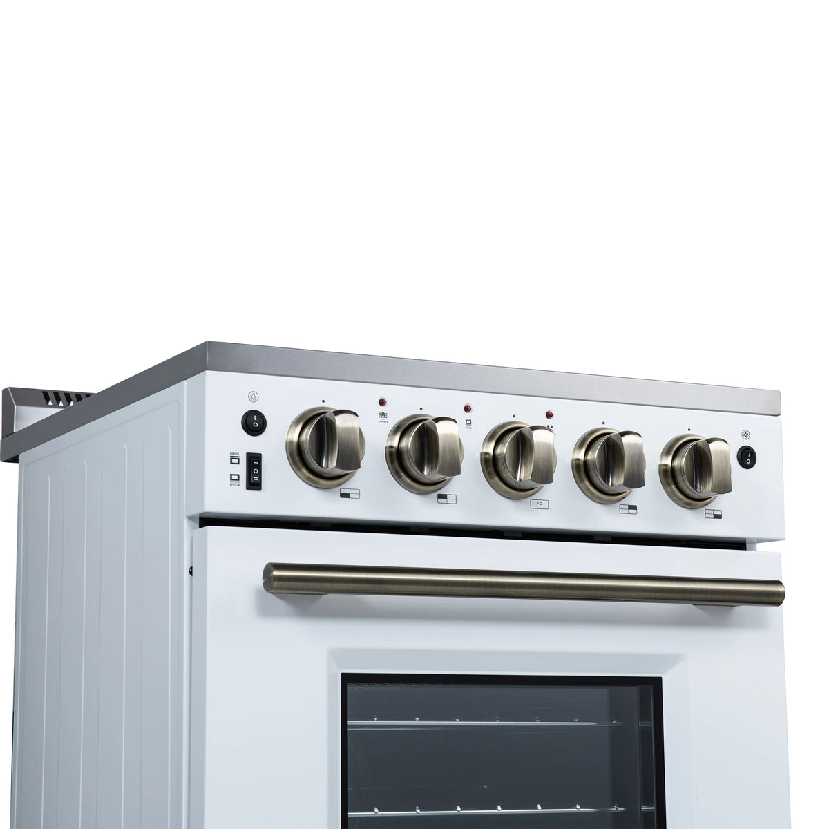 Brass-toned control knobs and oven door on white freestanding electric range