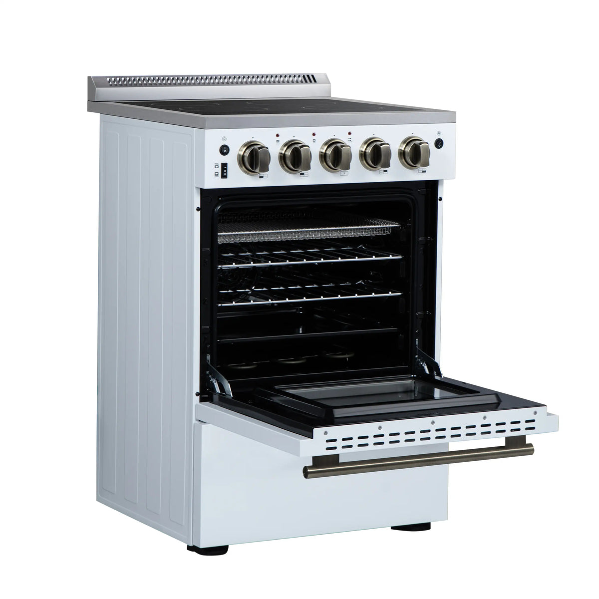 Freestanding electric range in white with antique brass trim and open oven door