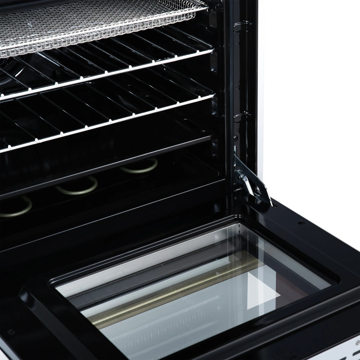 Electric oven with wire racks and door open showing black floor and side walls