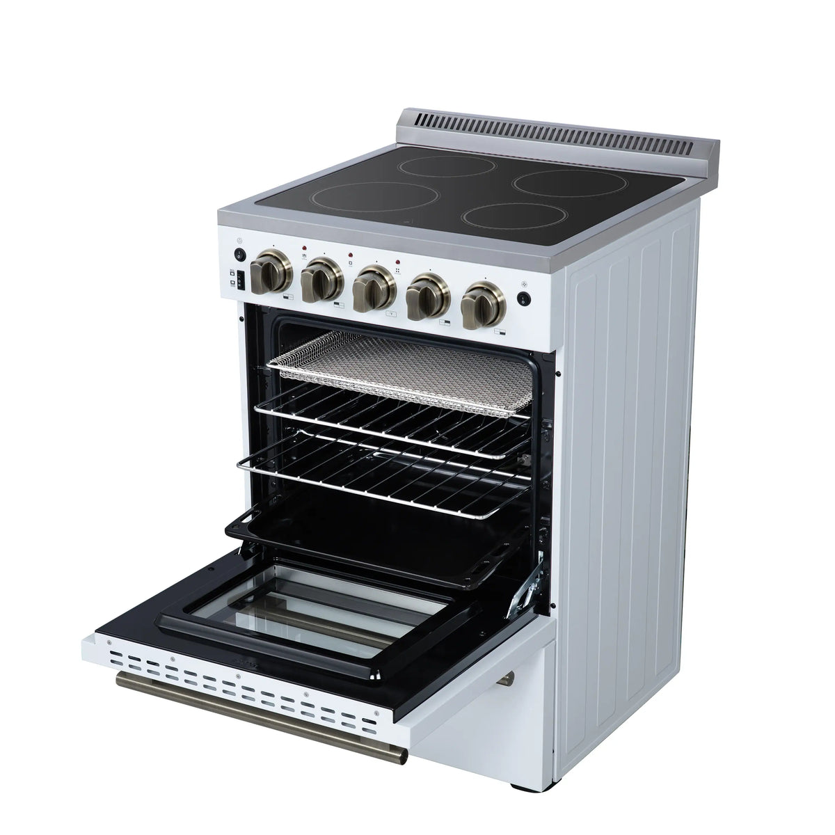 White electric range with coil cooktop, oven door open, and brass-trim drawer handle