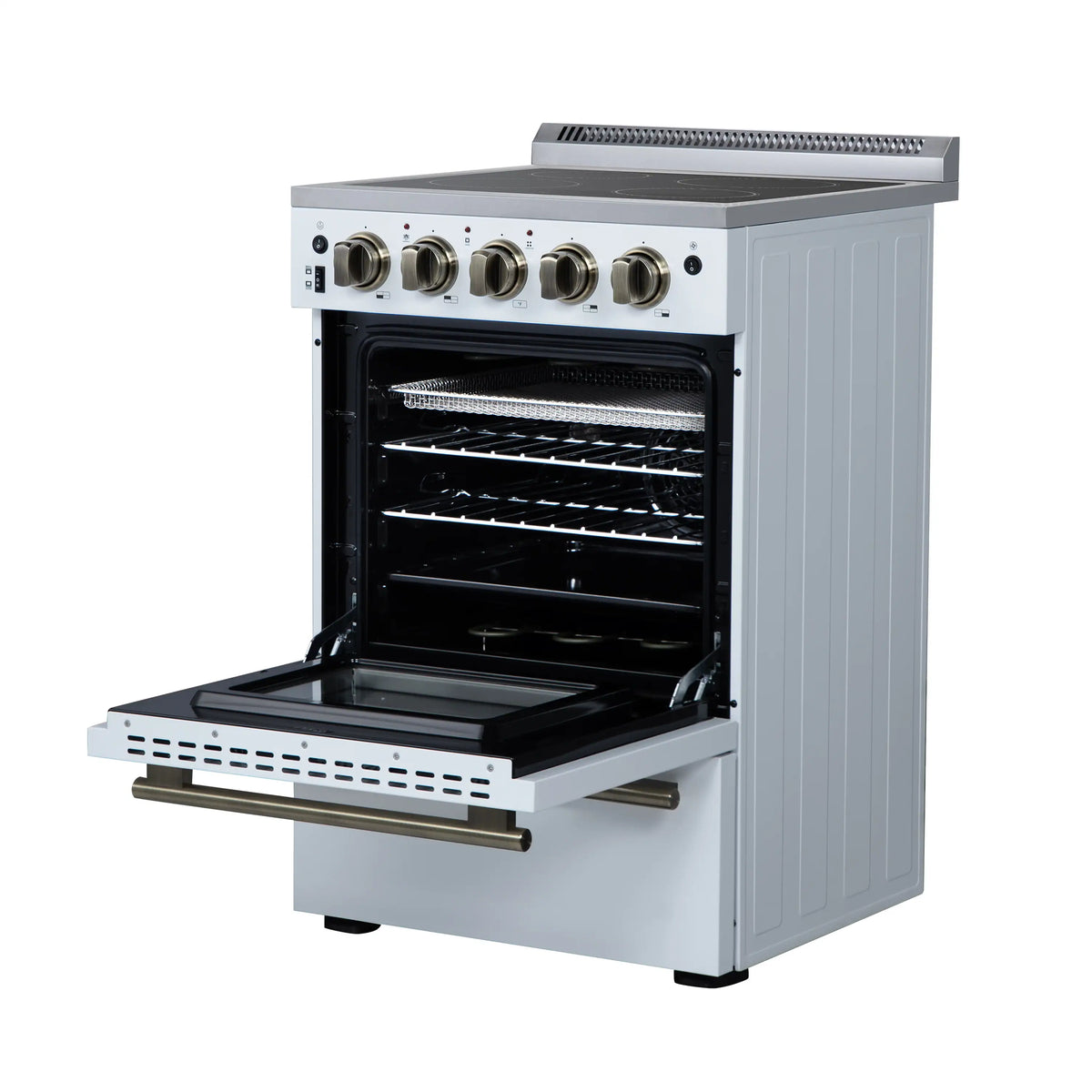 White electric range with oven door open, black interior racks, and brass handle