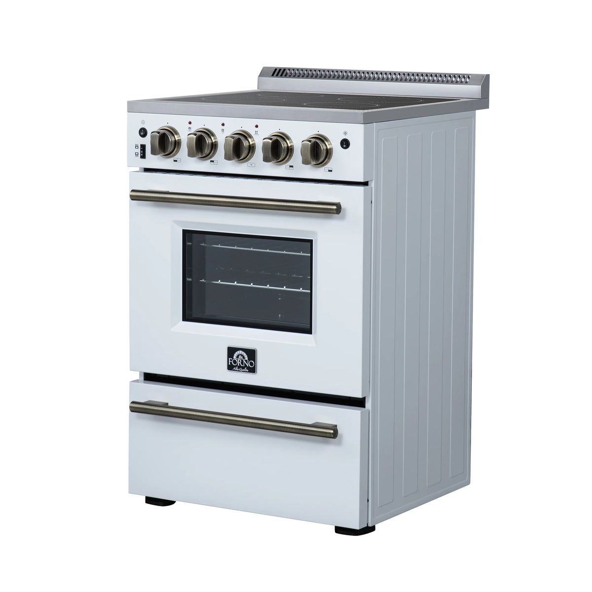White freestanding electric range with antique brass door handle and control knobs
