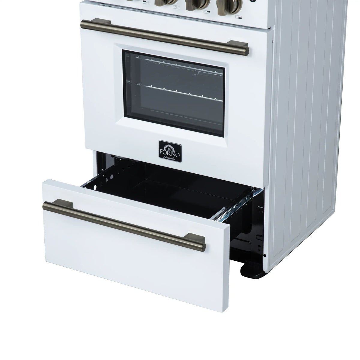 White oven door open with glass window and brass handle on the lower drawer