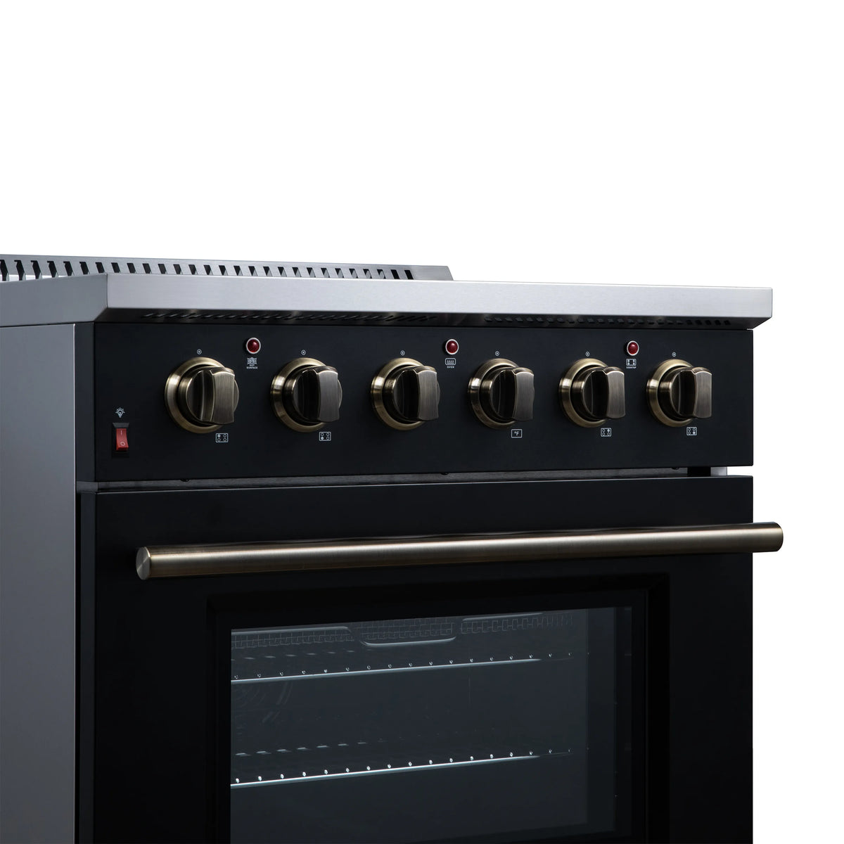 Black electric range control panel with gold knobs and oven door handle