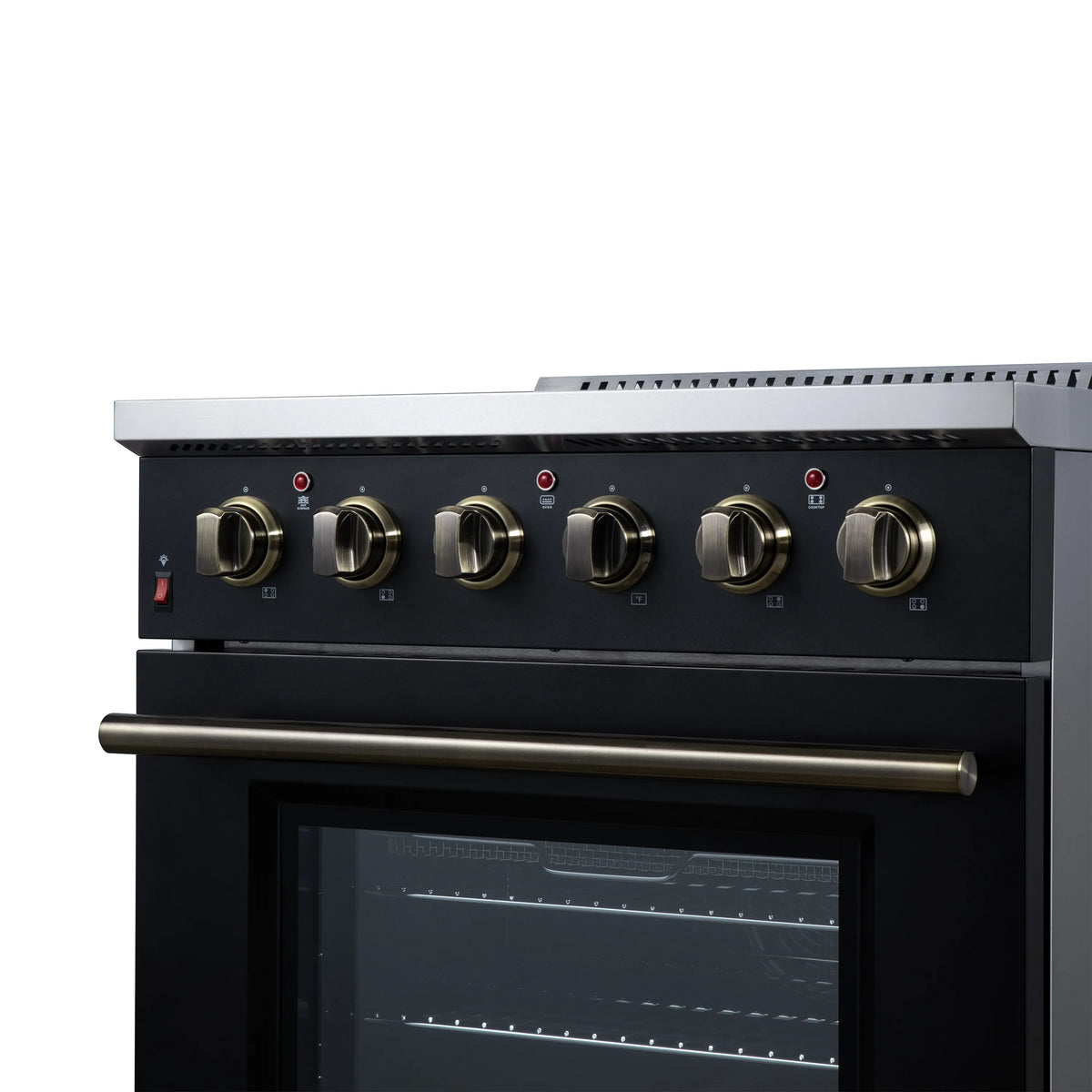 Black freestanding electric range with four radiant burners and antique brass control knobs