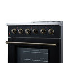Black freestanding electric range with four radiant burners and antique brass control knobs