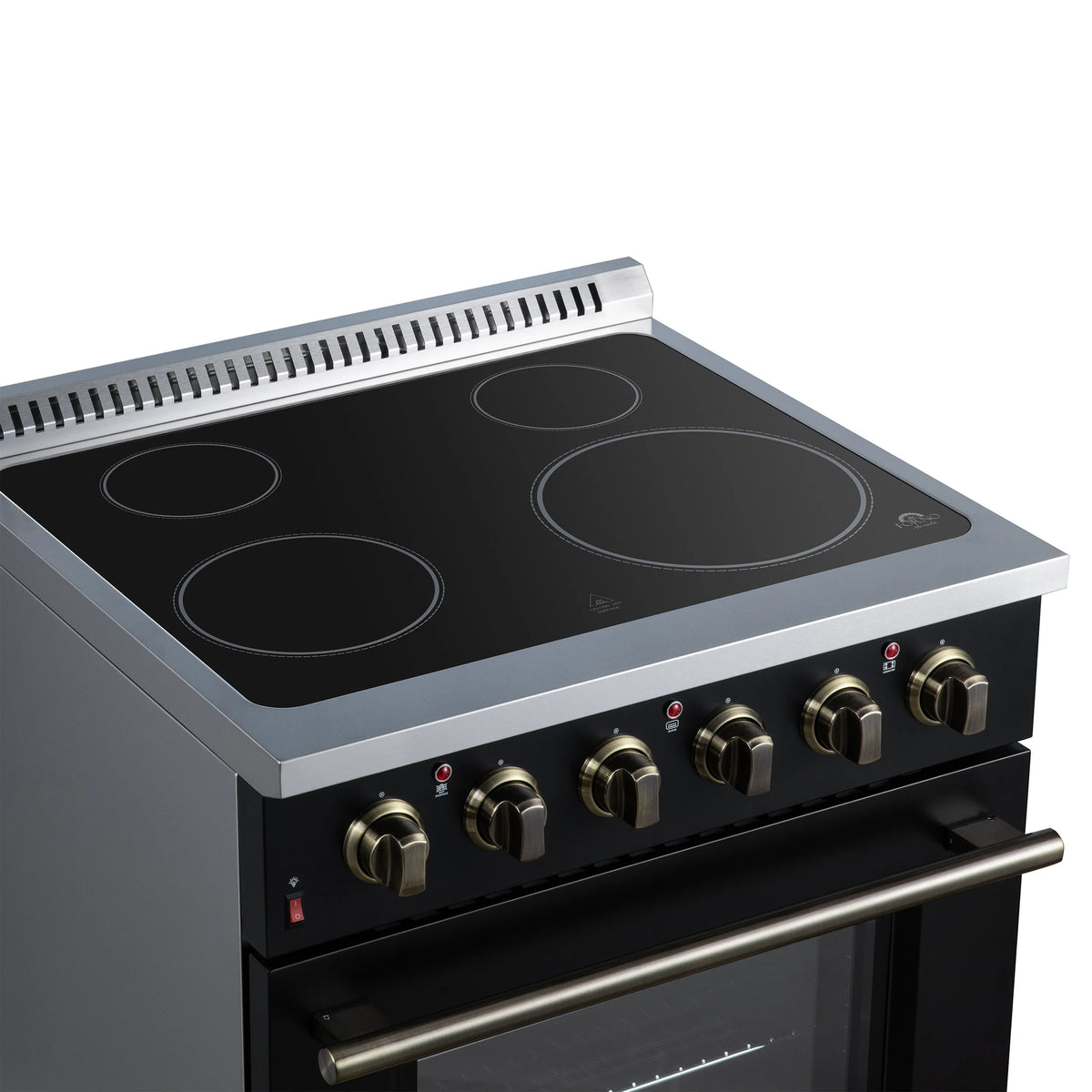 Black electric cooktop with four radiant burner circles and antique brass control knobs