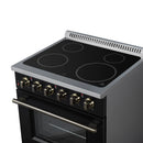 Black electric range top with four radiant burners, brass knobs, and closed oven door