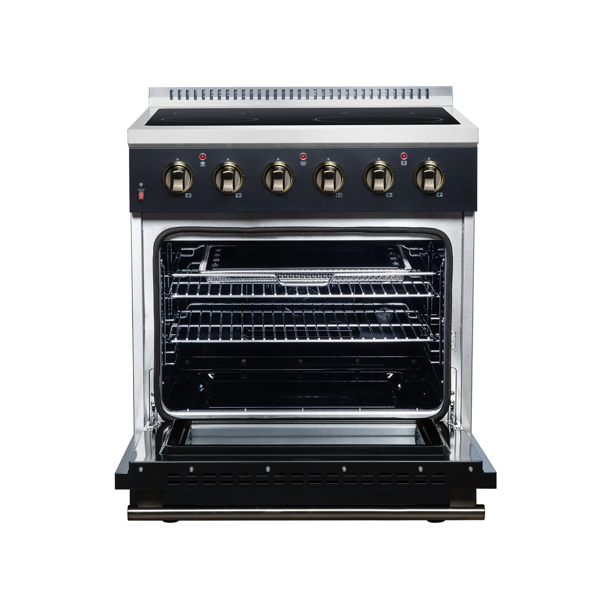 Black freestanding electric range with open oven door showing racks and interior cavity