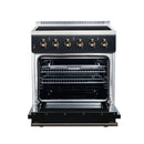 Black freestanding electric range with open oven door showing racks and interior cavity
