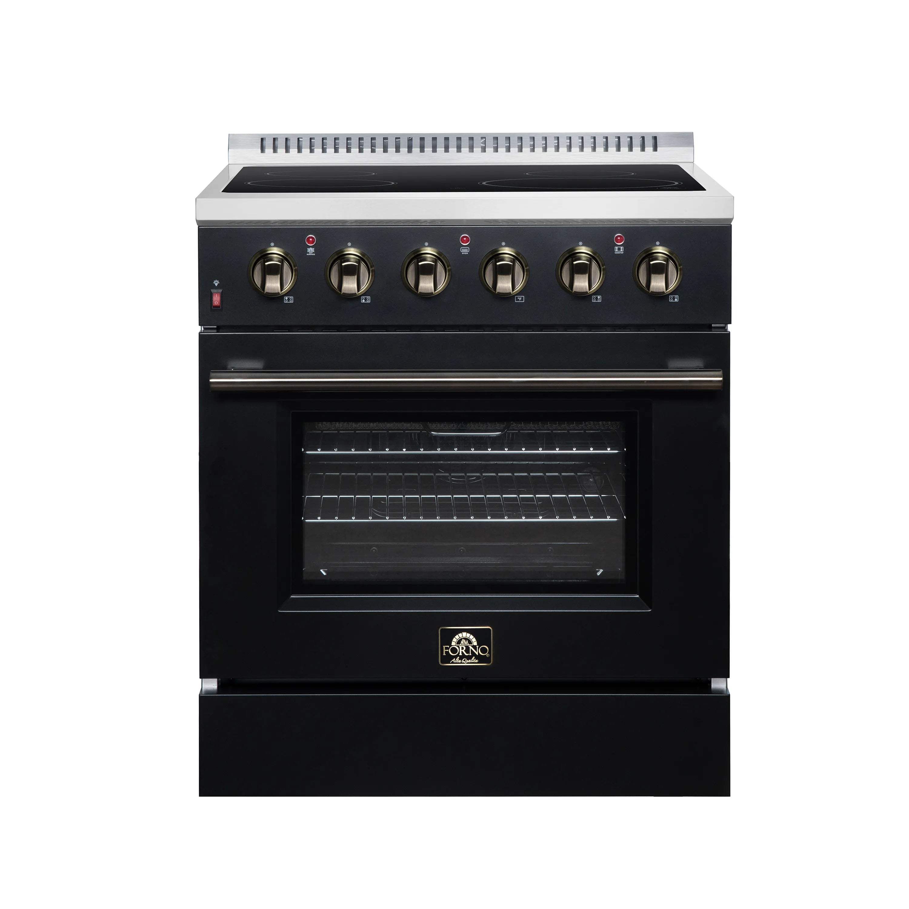 Black freestanding electric range with four radiant burners and oven window, closed door