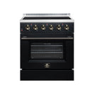 Black freestanding electric range with four radiant burners and oven window, closed door